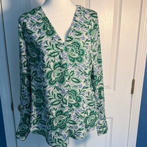 Ann Taylor Emerald and White Leaf Print Blouse